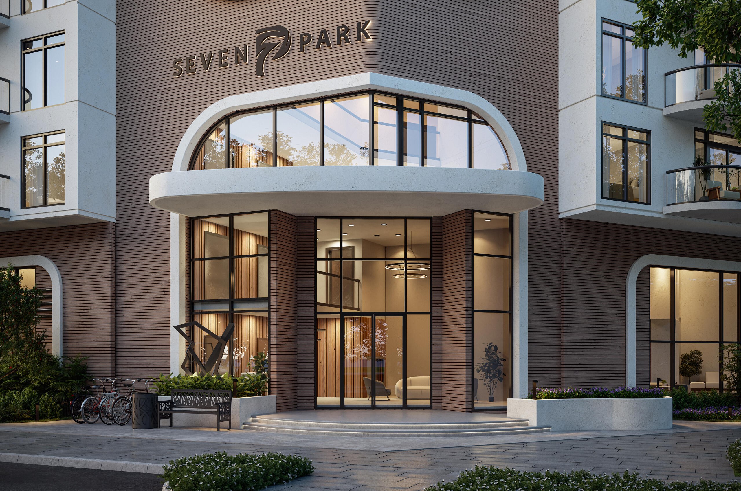 Contemporary facade of Seven Park Residences in Hallandale-Hollywood, featuring sleek lines and luxury residential style.